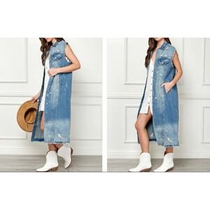 VEVERET‎ Long Distressed Denim Vest Duster Chic Jean Jacket Blue Sz L